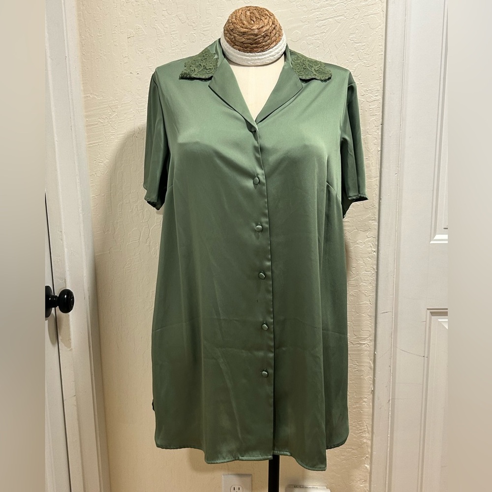 Cacique Olive Green Satin Nightgown with Lace Detail